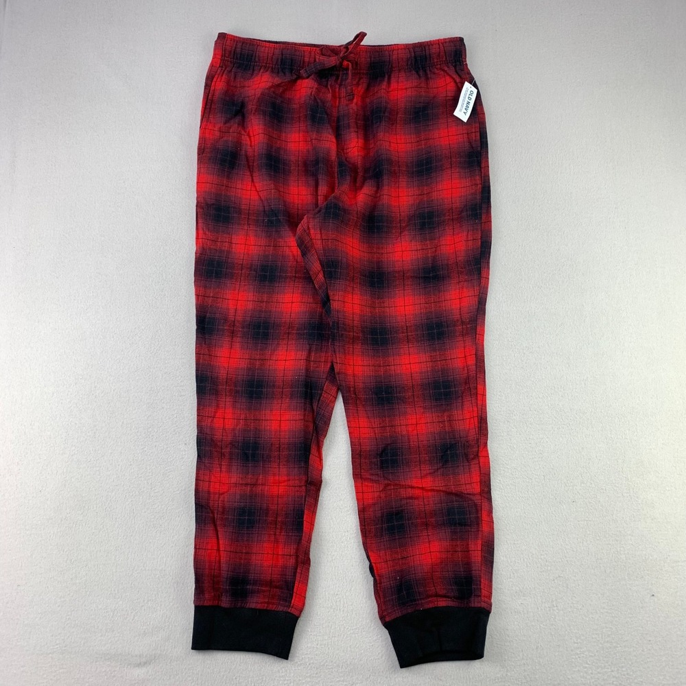 Old Navy Pajama Joggers Men Large Red Plaid Flannel Drawstring Cuffs Holiday NWT